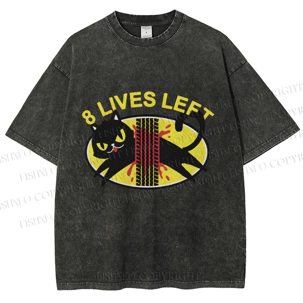 Unisex Black Cats 8 Lives Left Printed Washed Tee