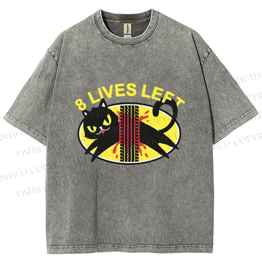 Unisex Black Cats 8 Lives Left Printed Washed Tee