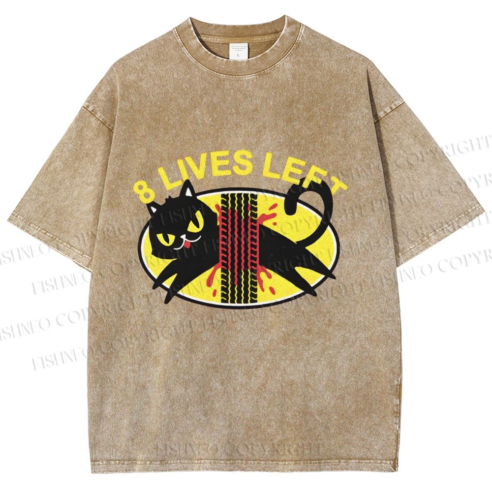 Unisex Black Cats 8 Lives Left Printed Washed Tee
