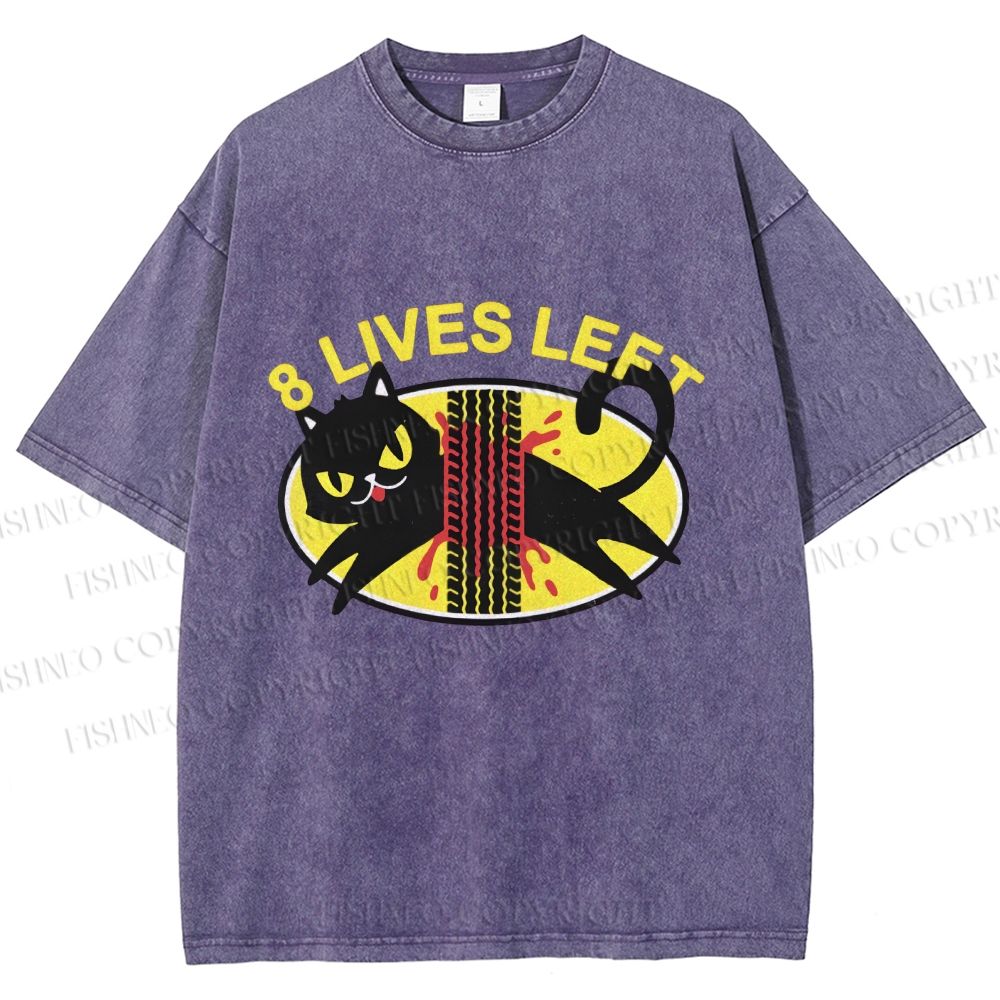 Unisex Black Cats 8 Lives Left Printed Washed Tee