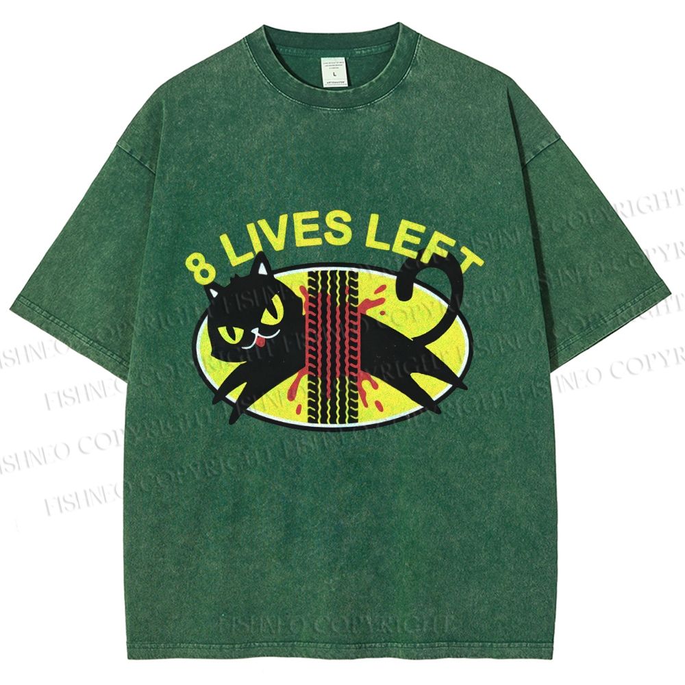 Unisex Black Cats 8 Lives Left Printed Washed Tee