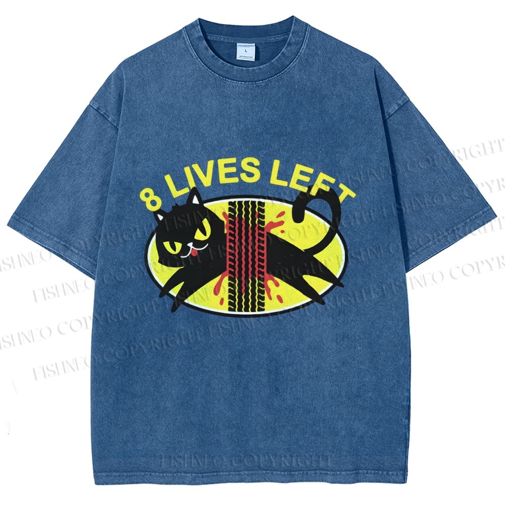 Unisex Black Cats 8 Lives Left Printed Washed Tee