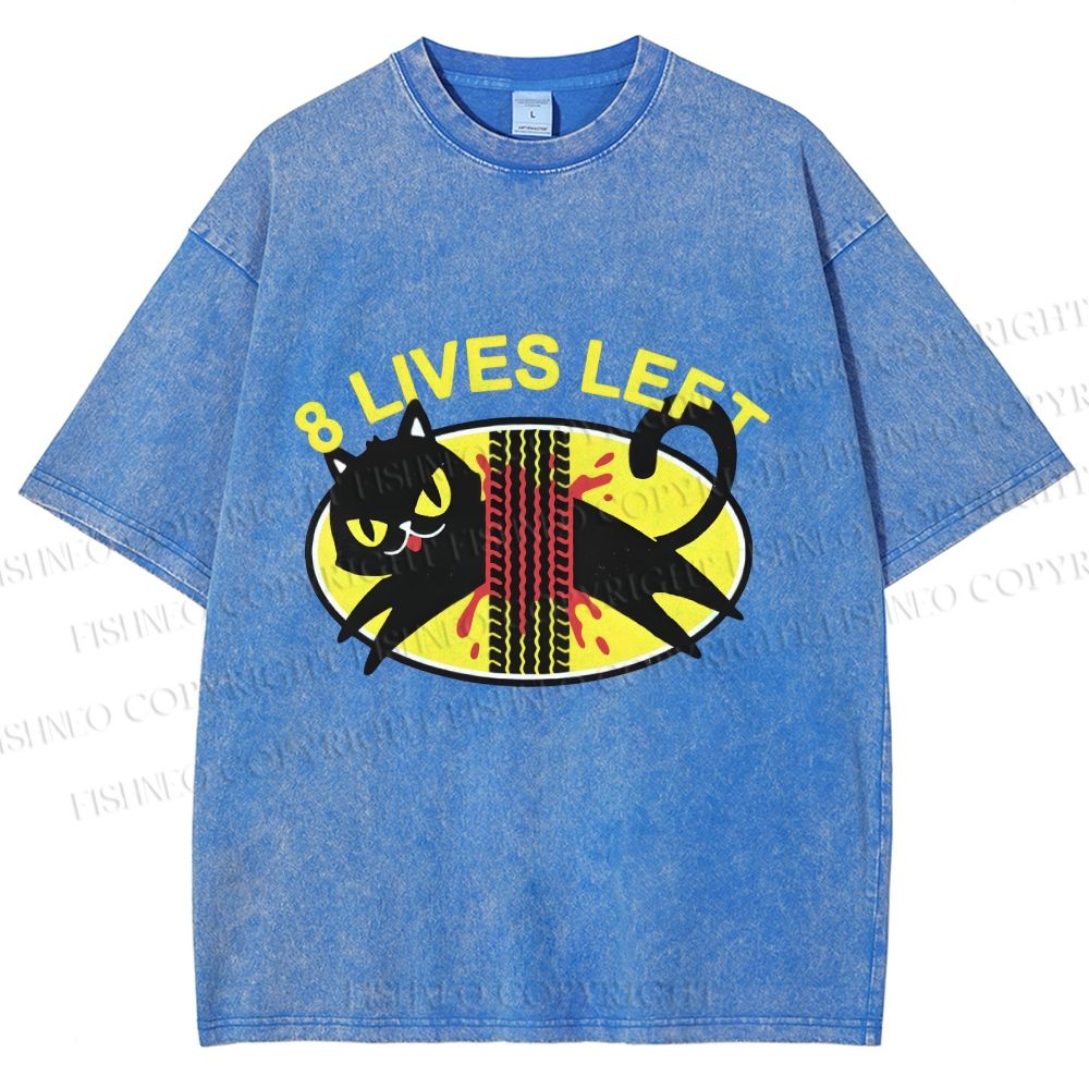 Unisex Black Cats 8 Lives Left Printed Washed Tee