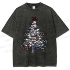 Unisex Skull Christmas Tree Printed Washed Tee