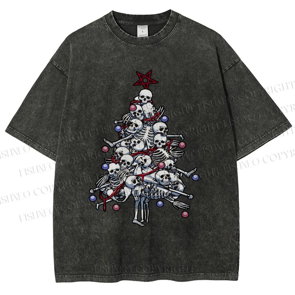 Unisex Skull Christmas Tree Printed Washed Tee