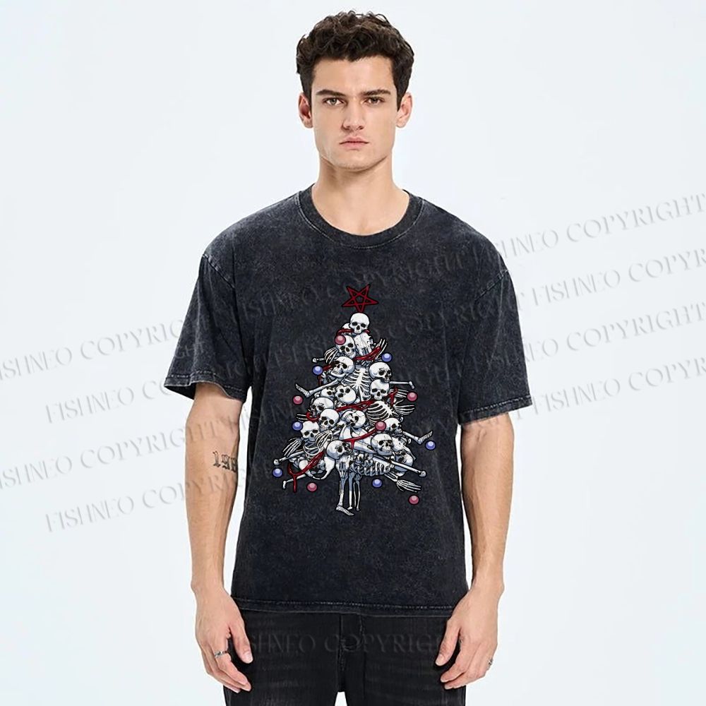 Unisex Skull Christmas Tree Printed Washed Tee