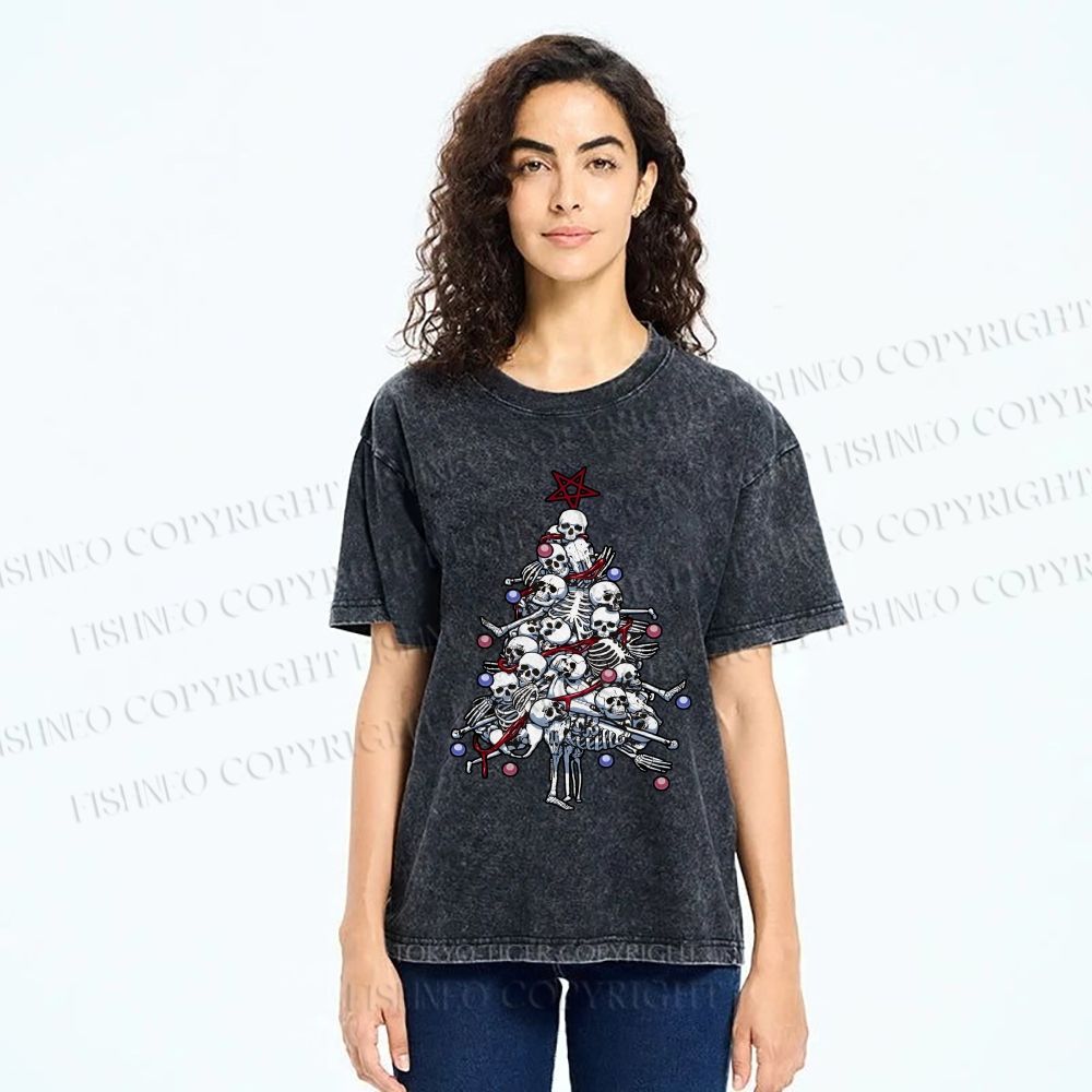 Unisex Skull Christmas Tree Printed Washed Tee