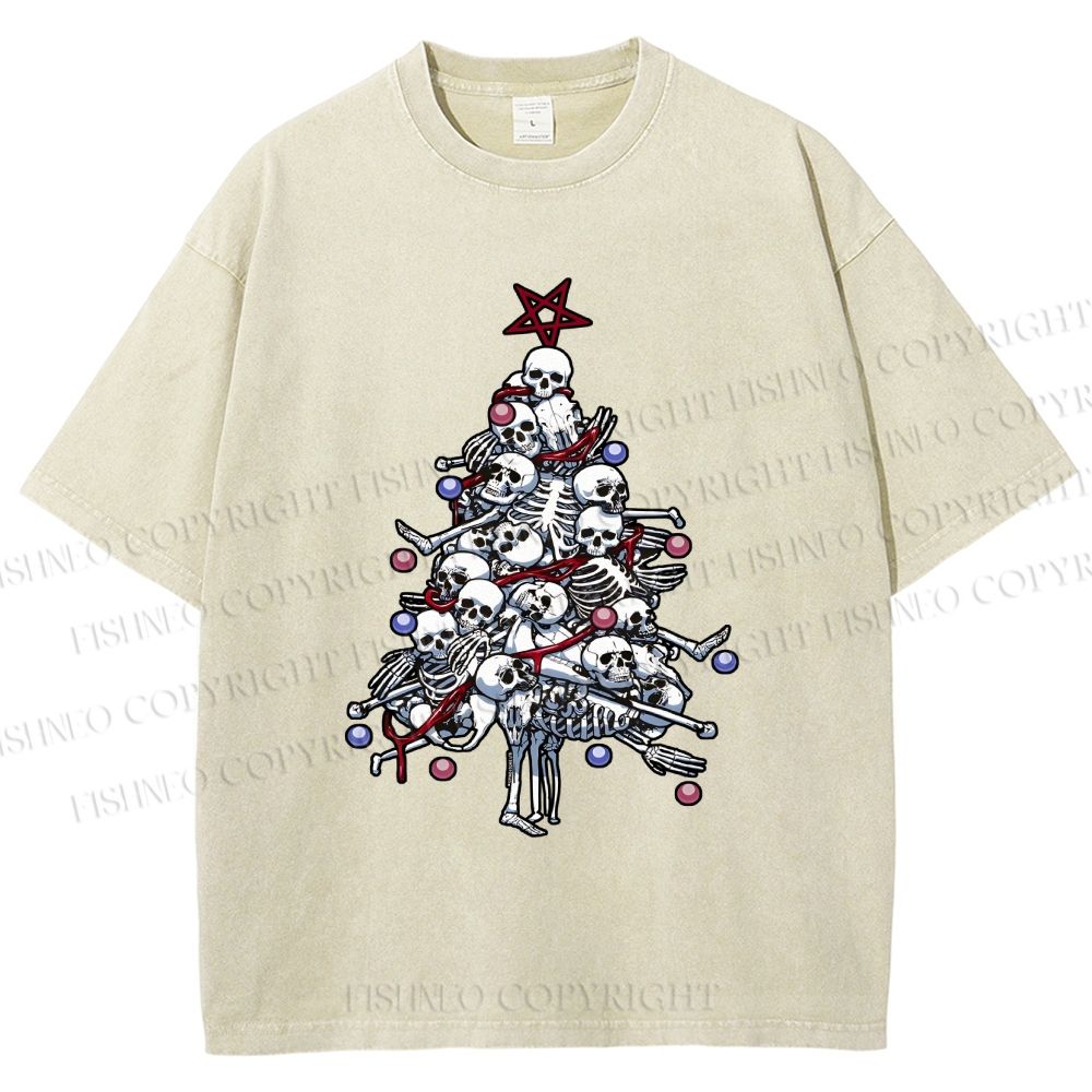 Unisex Skull Christmas Tree Printed Washed Tee