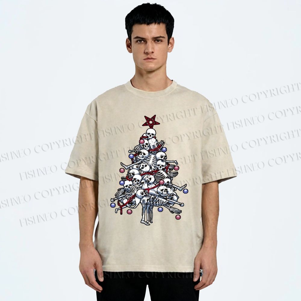 Unisex Skull Christmas Tree Printed Washed Tee