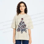 Unisex Skull Christmas Tree Printed Washed Tee