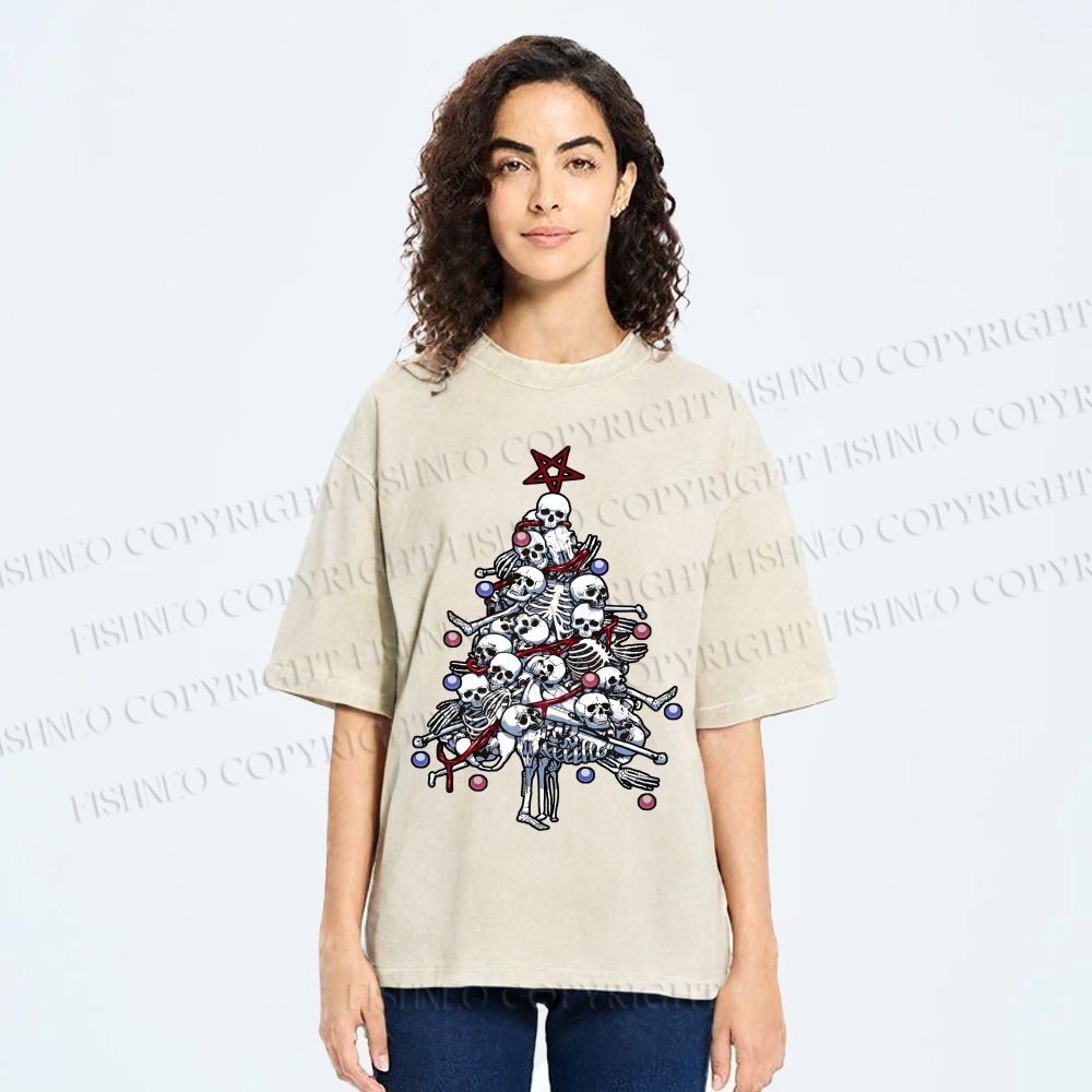 Unisex Skull Christmas Tree Printed Washed Tee