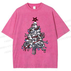Unisex Skull Christmas Tree Printed Washed Tee