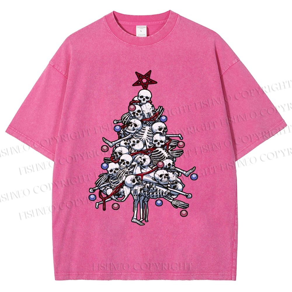 Unisex Skull Christmas Tree Printed Washed Tee