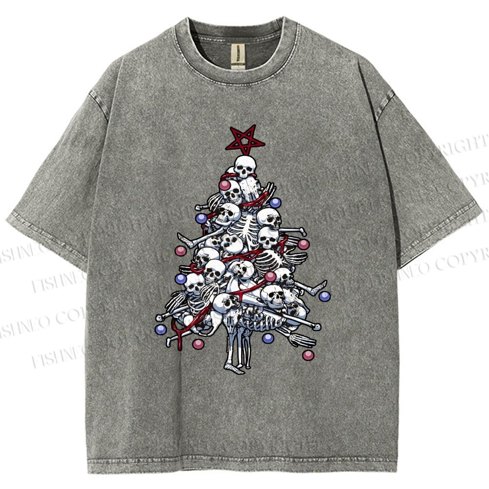 Unisex Skull Christmas Tree Printed Washed Tee