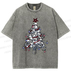 Unisex Skull Christmas Tree Printed Washed Tee
