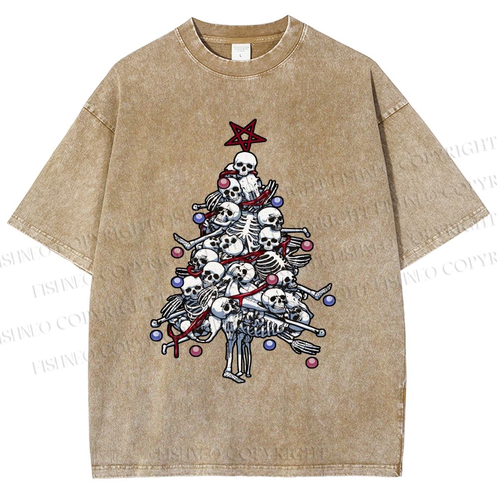 Unisex Skull Christmas Tree Printed Washed Tee