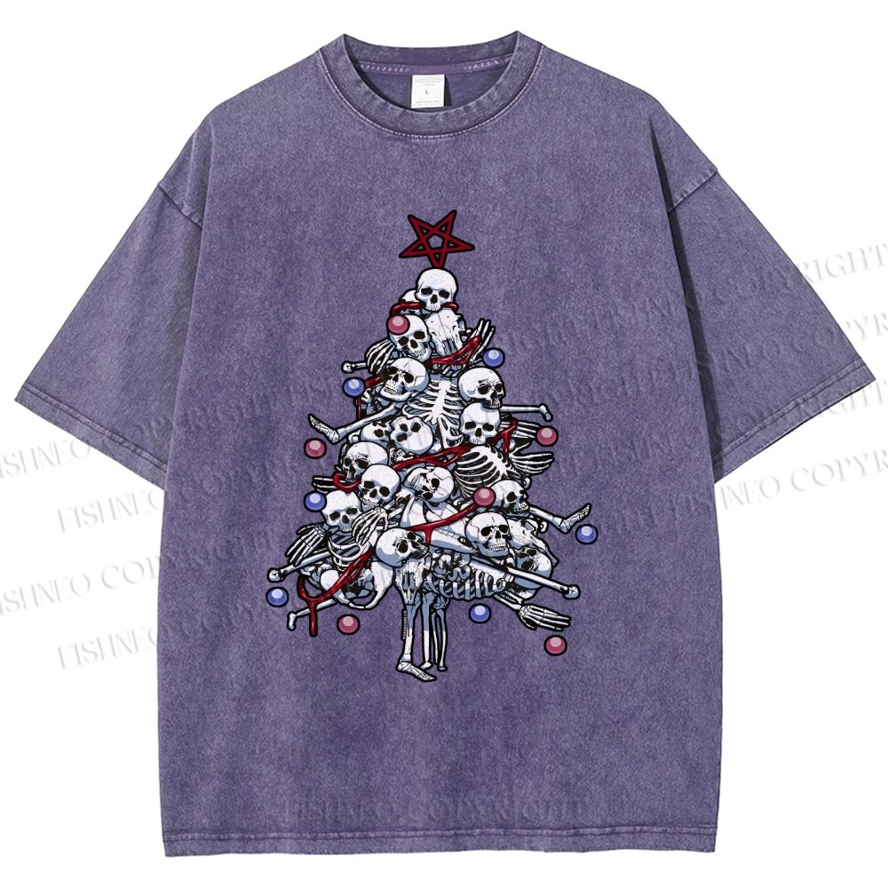 Unisex Skull Christmas Tree Printed Washed Tee