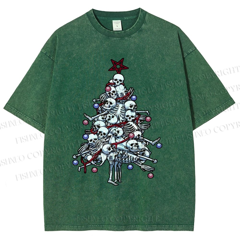 Unisex Skull Christmas Tree Printed Washed Tee
