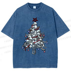 Unisex Skull Christmas Tree Printed Washed Tee