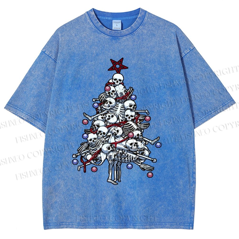 Unisex Skull Christmas Tree Printed Washed Tee
