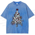 Unisex Skull Christmas Tree Printed Washed Tee