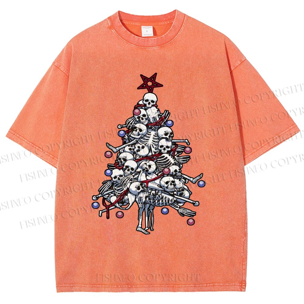 Unisex Skull Christmas Tree Printed Washed Tee