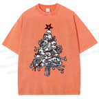 Unisex Skull Christmas Tree Printed Washed Tee