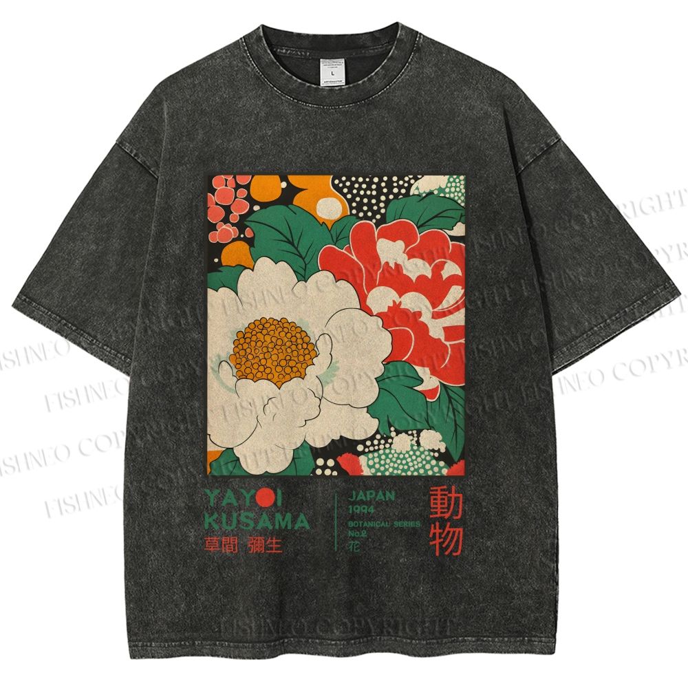 Unisex Japanese Yayoi Kusama Flowers Printed Washed Tee