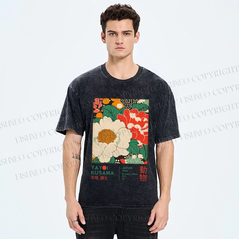 Unisex Japanese Yayoi Kusama Flowers Printed Washed Tee