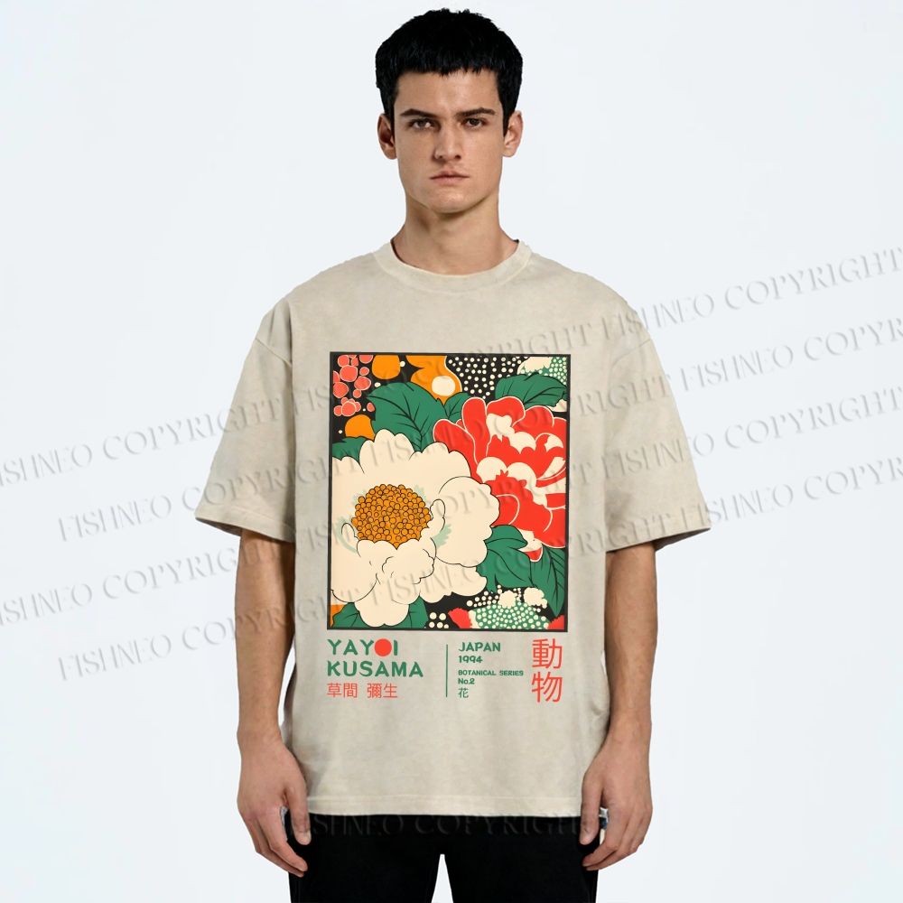 Unisex Japanese Yayoi Kusama Flowers Printed Washed Tee