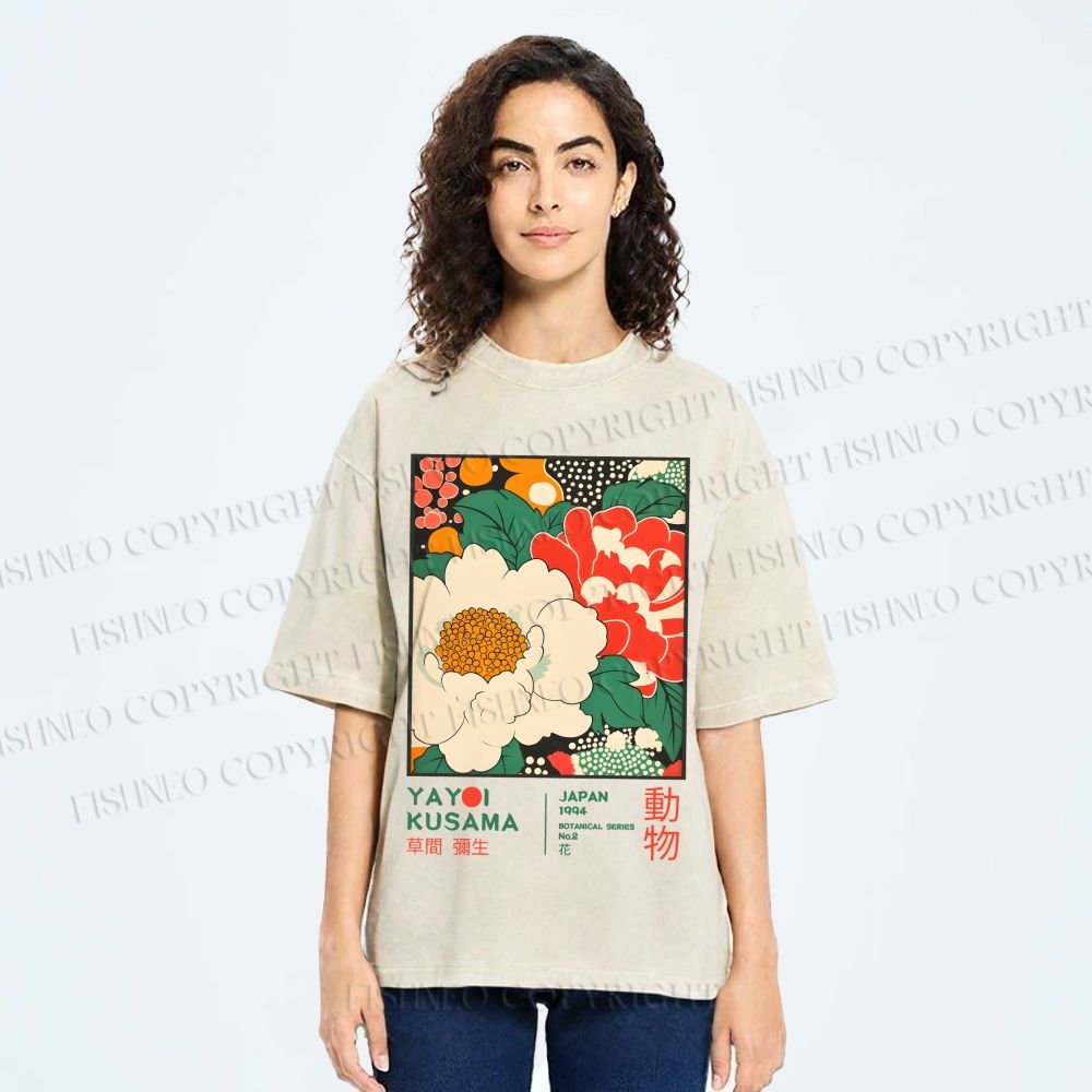 Unisex Japanese Yayoi Kusama Flowers Printed Washed Tee