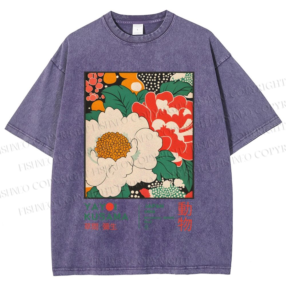 Unisex Japanese Yayoi Kusama Flowers Printed Washed Tee