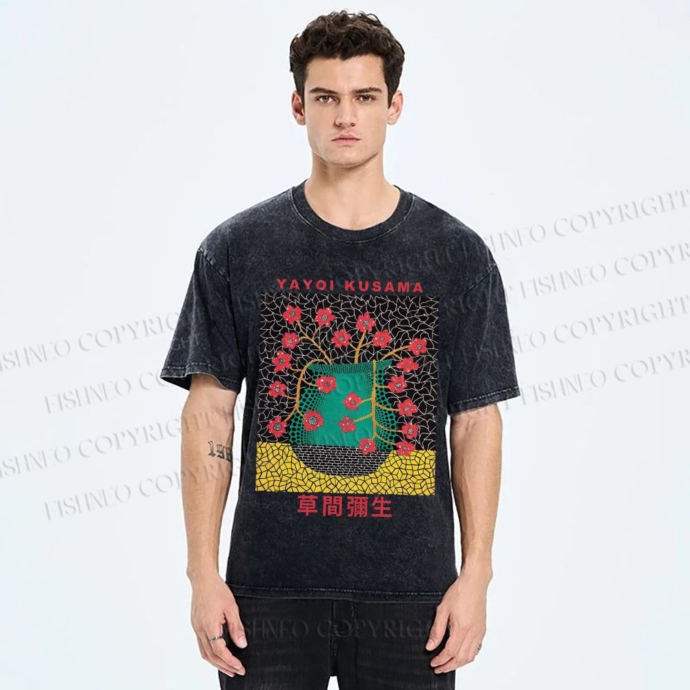 Unisex Japanese Yayoi Kusama Flower Vase Printed Washed Tee