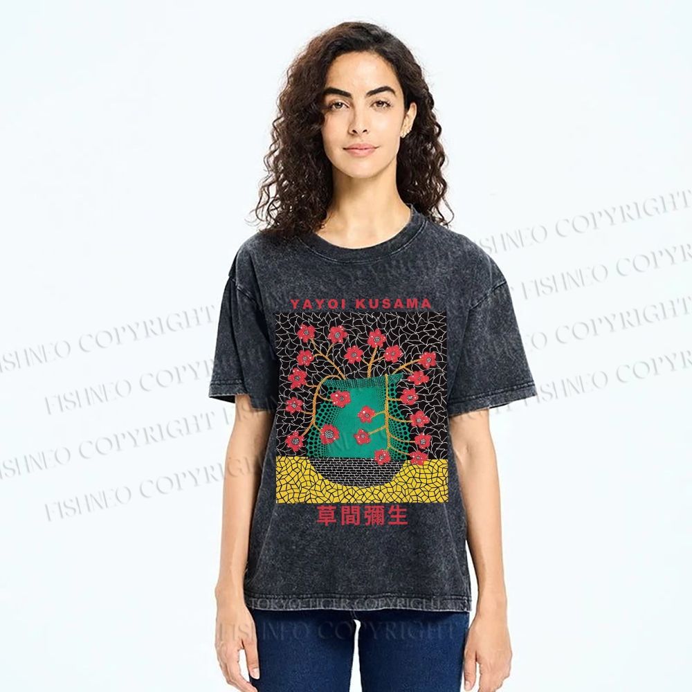 Unisex Japanese Yayoi Kusama Flower Vase Printed Washed Tee