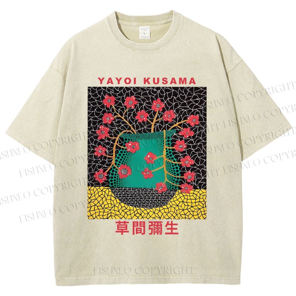 Unisex Japanese Yayoi Kusama Flower Vase Printed Washed Tee