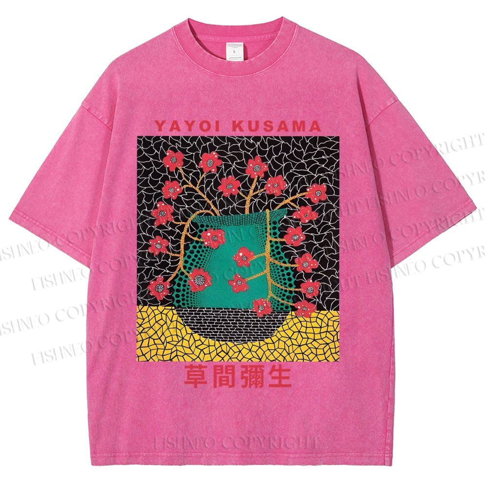Unisex Japanese Yayoi Kusama Flower Vase Printed Washed Tee