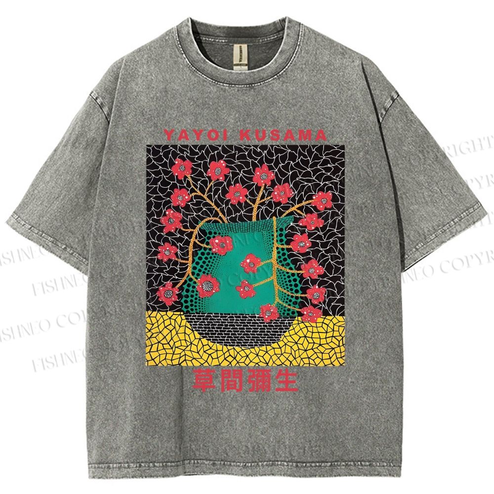 Unisex Japanese Yayoi Kusama Flower Vase Printed Washed Tee