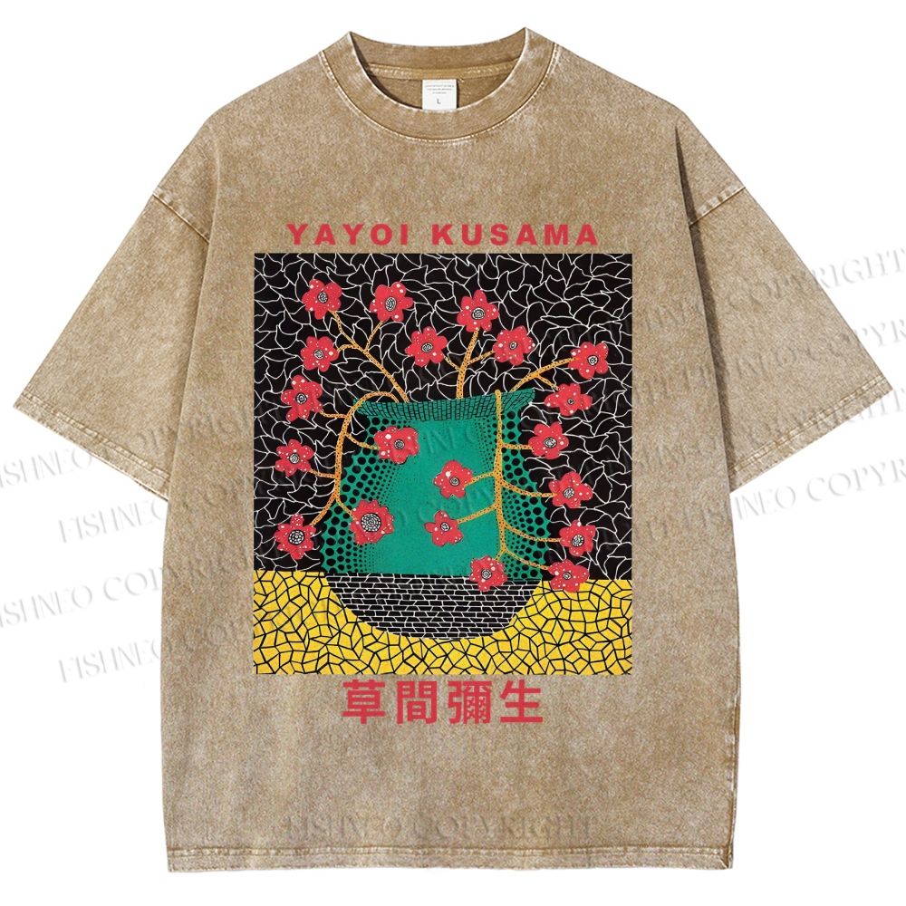 Unisex Japanese Yayoi Kusama Flower Vase Printed Washed Tee