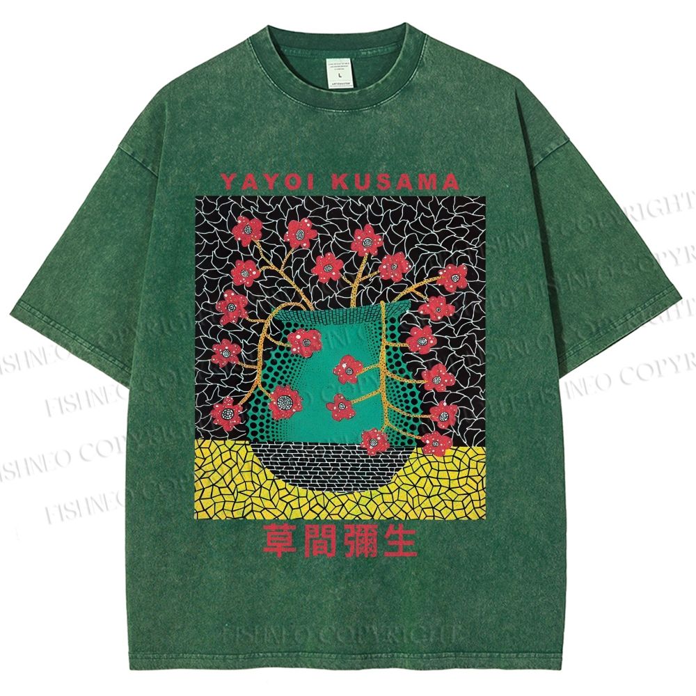 Unisex Japanese Yayoi Kusama Flower Vase Printed Washed Tee