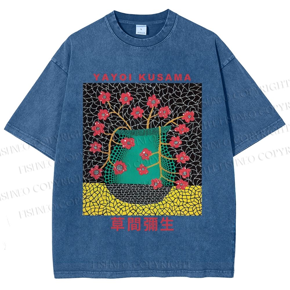 Unisex Japanese Yayoi Kusama Flower Vase Printed Washed Tee