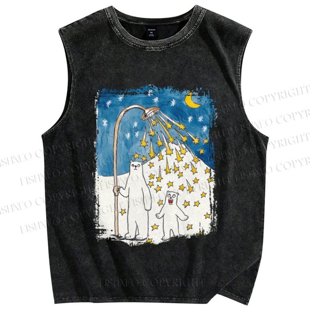 Unisex Silly Bear in Star Light Printed Washed Tank Top