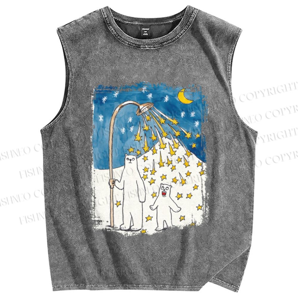 Unisex Silly Bear in Star Light Printed Washed Tank Top