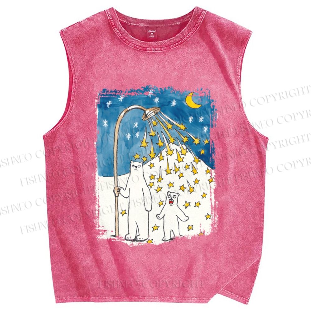 Unisex Silly Bear in Star Light Printed Washed Tank Top