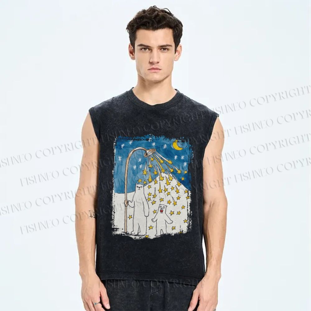 Unisex Silly Bear in Star Light Printed Washed Tank Top