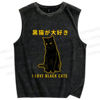 Unisex Black Cat Printed Washed Tank Top