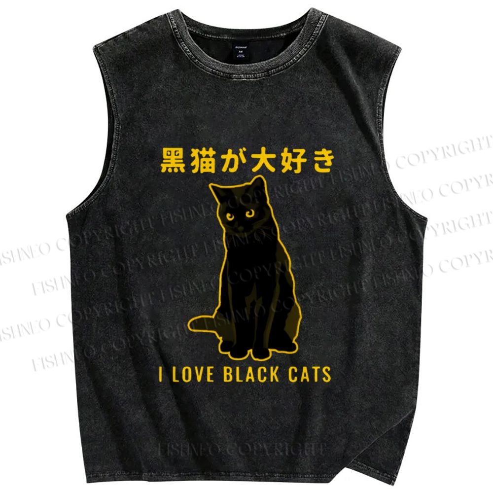 Unisex Black Cat Printed Washed Tank Top