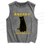 Unisex Black Cat Printed Washed Tank Top