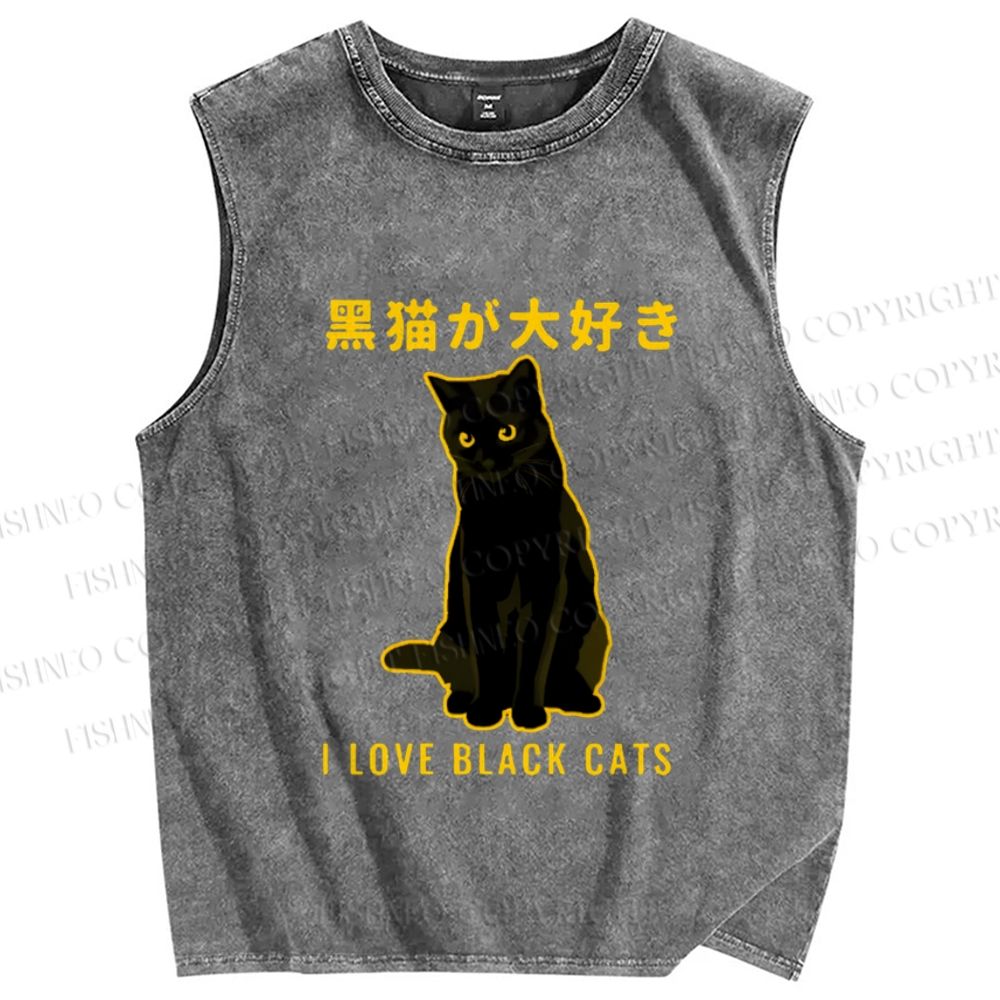 Unisex Black Cat Printed Washed Tank Top