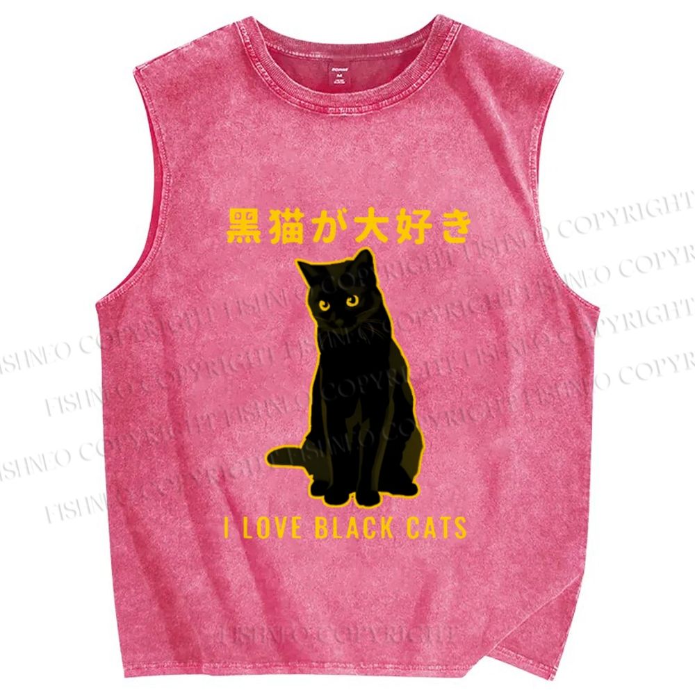 Unisex Black Cat Printed Washed Tank Top