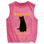 Unisex Black Cat Printed Washed Tank Top